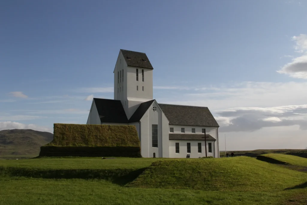 Skálholt Cathedral and its grass-covered surroundings